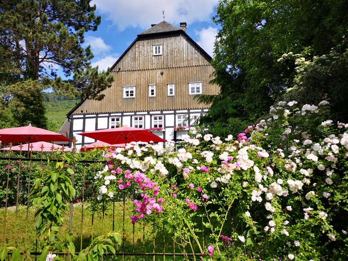 Blick auf das Gutshof Café vom Sauerländer Blütengarten gesehen.