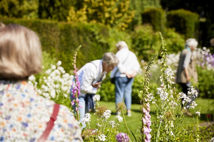 Blumen und Besucher:innen im Garten Bergschneider in Paderborn