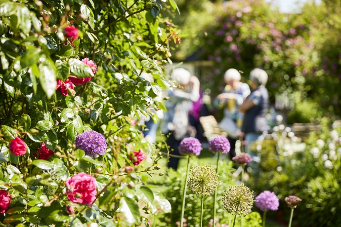 Blumen und Besucher:innen im Garten Bergschneider in Paderborn